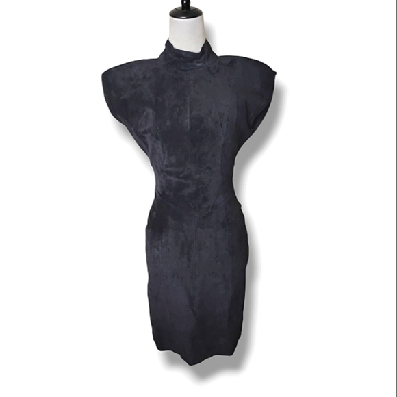 Vtg 80s Black Leather Suede Mini Dress Open Back Juniors 5 Club Punk Rock Grunge - Picture 1 of 11